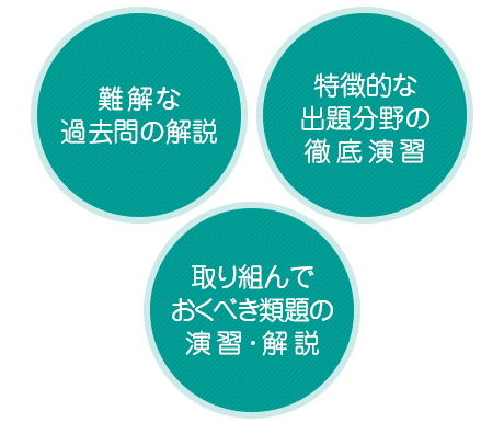 「難解な過去問の解説」「特徴的な出題分野の徹底演習」「取り組んでおくべき類題の演習・解説」