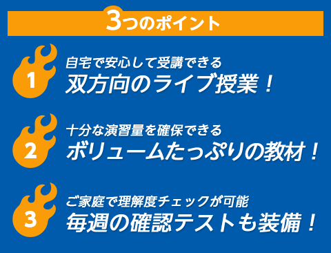 自宅で安心して受講できる、双方向オンラインのライブ授業/自宅学習でも十分な演習量を確保できるボリュームたっぷりの教材/毎週の確認テストもフル装備。ご家庭で理解度チェックが可能